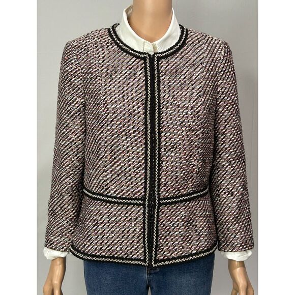Talbots Grosgrain Trim Tweed Jacket Blazer Women's 10P Black‎ Pink Work or Play - Picture 1 of 14